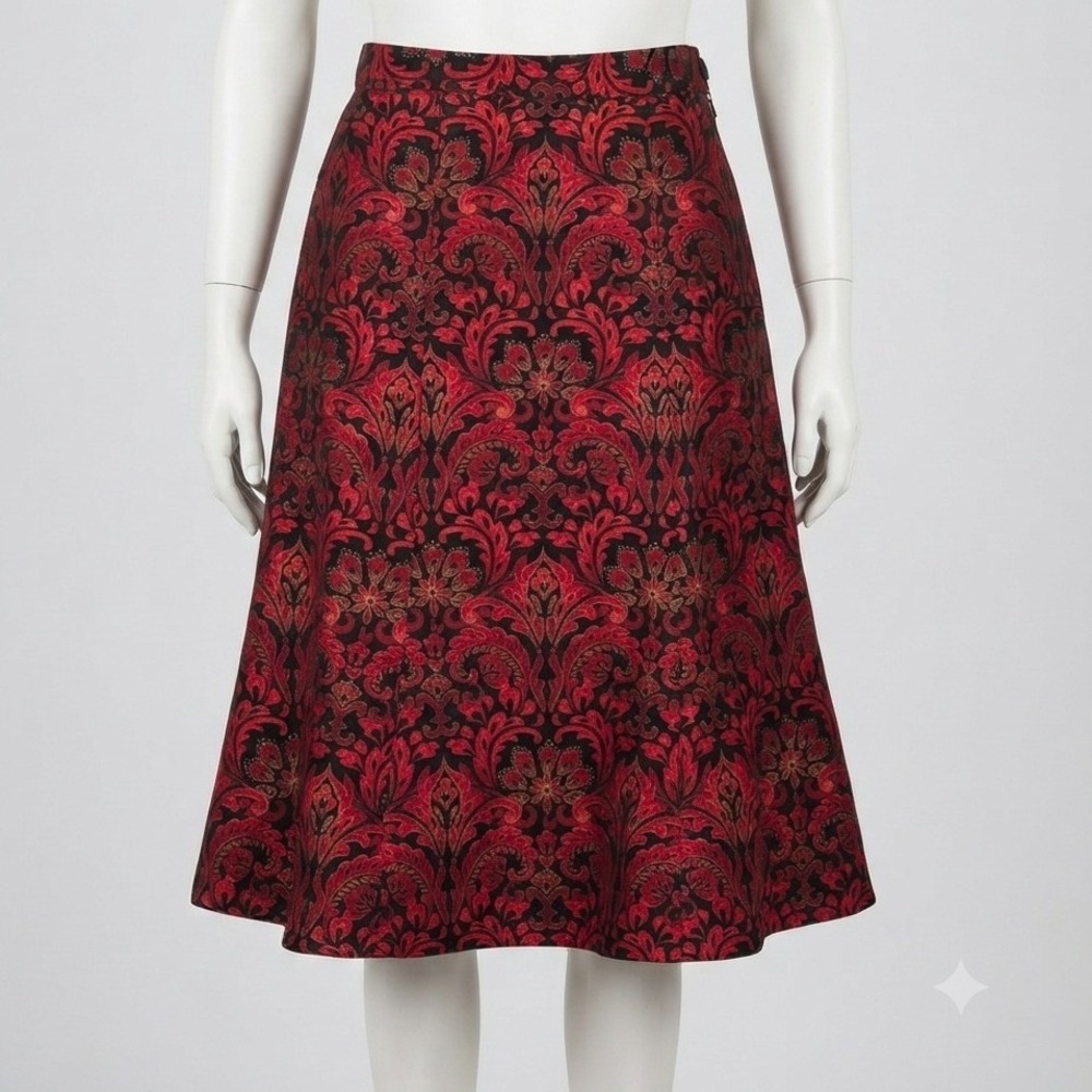 Vintage Gothic Filigree Baroque Notations Black/Red Damask A-Line Skirt PS